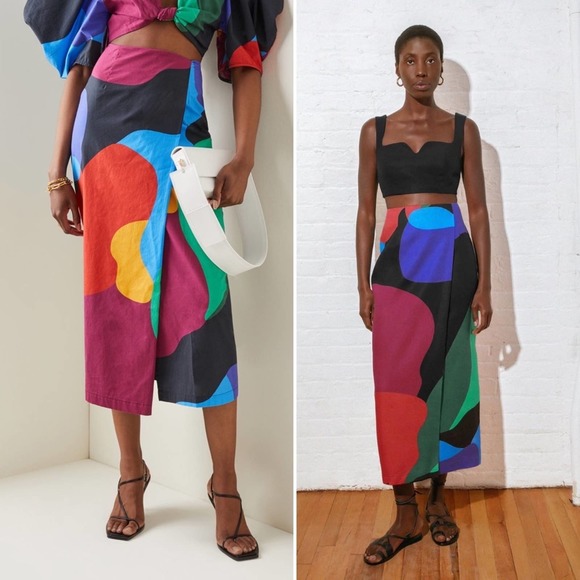Mara Hoffman Sunja Midi skirt colorblock geometric faux wrap 100% hemp size 6 - Picture 1 of 16